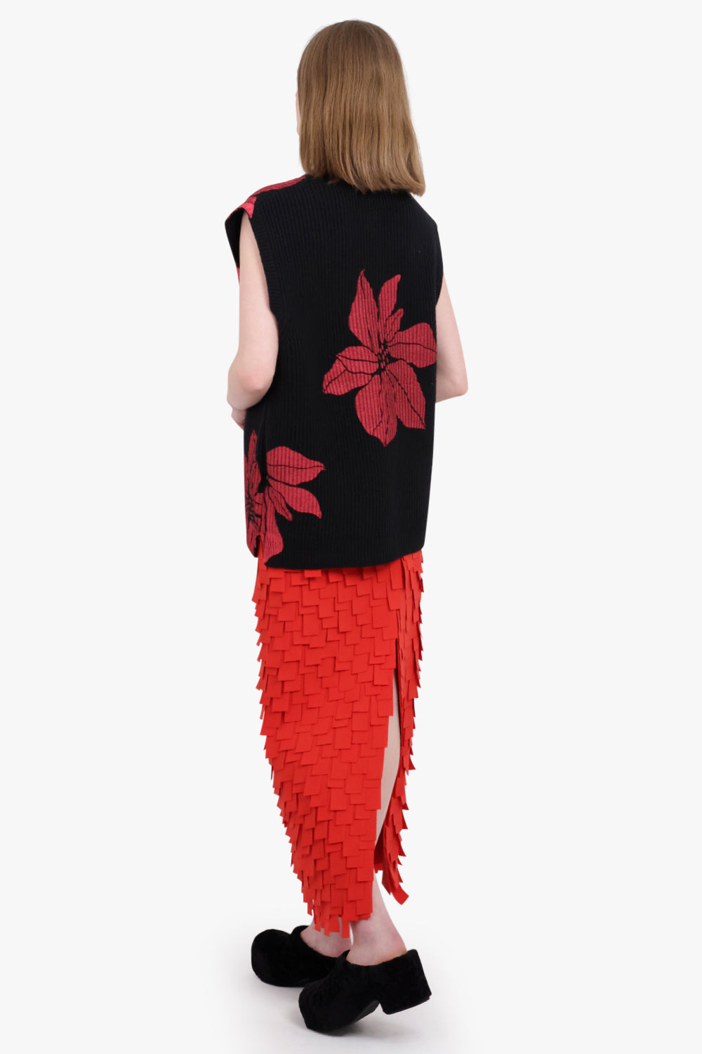 JW ANDERSON RTW Floral Print V-Neck Vest Knit | Black/Red