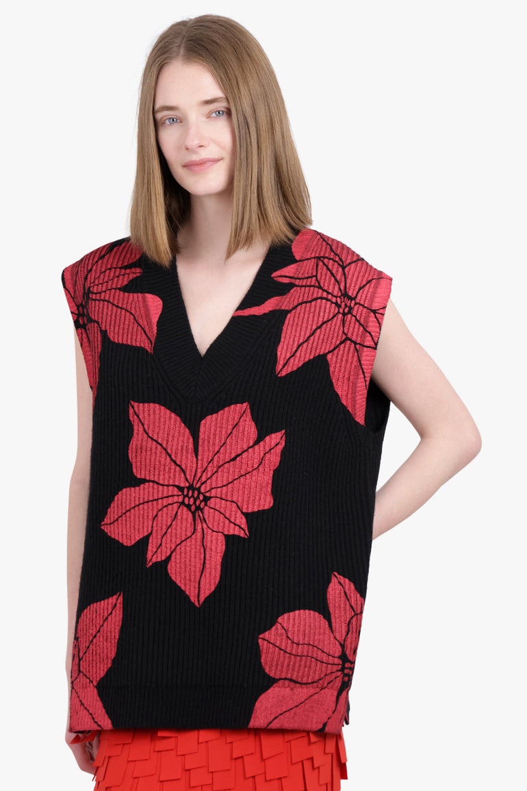 JW ANDERSON RTW Floral Print V-Neck Vest Knit | Black/Red