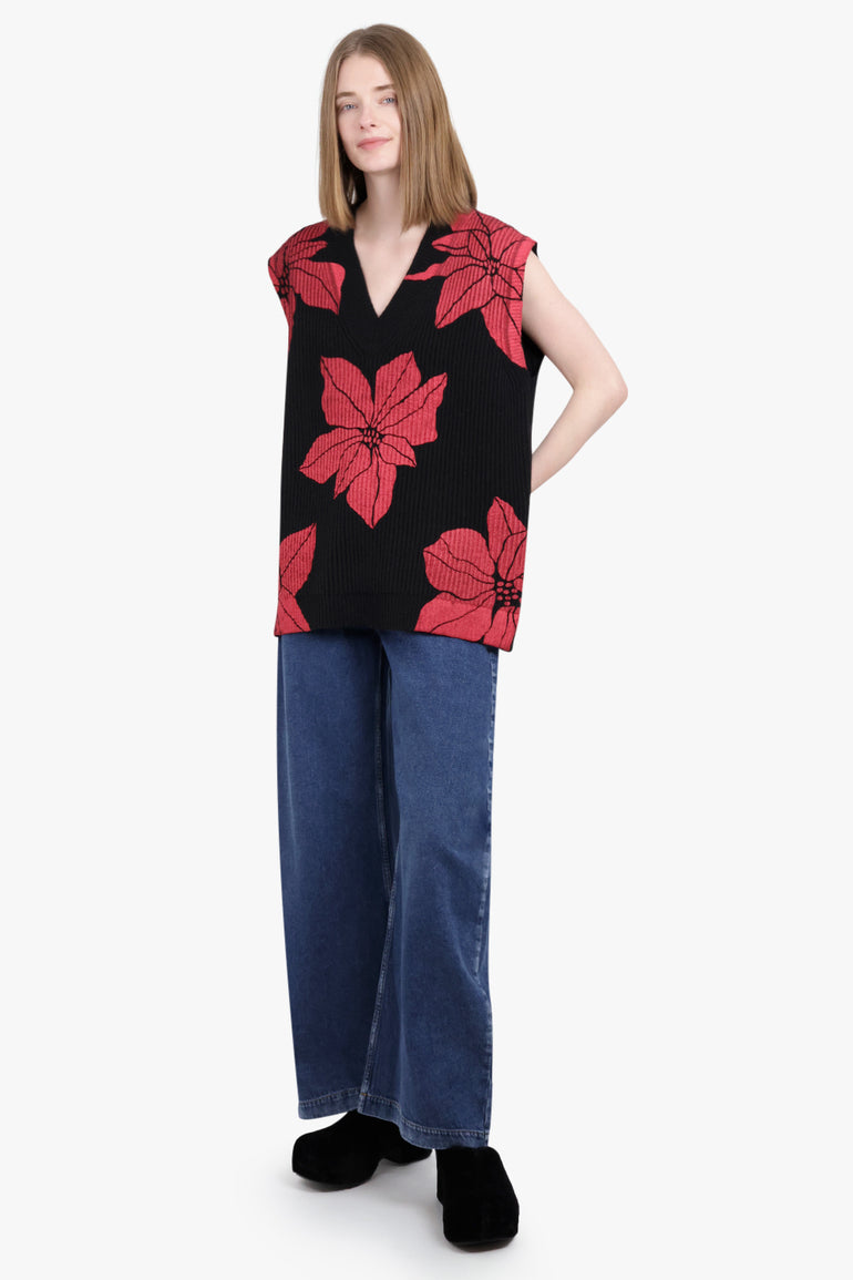 JW ANDERSON RTW Floral Print V-Neck Vest Knit | Black/Red