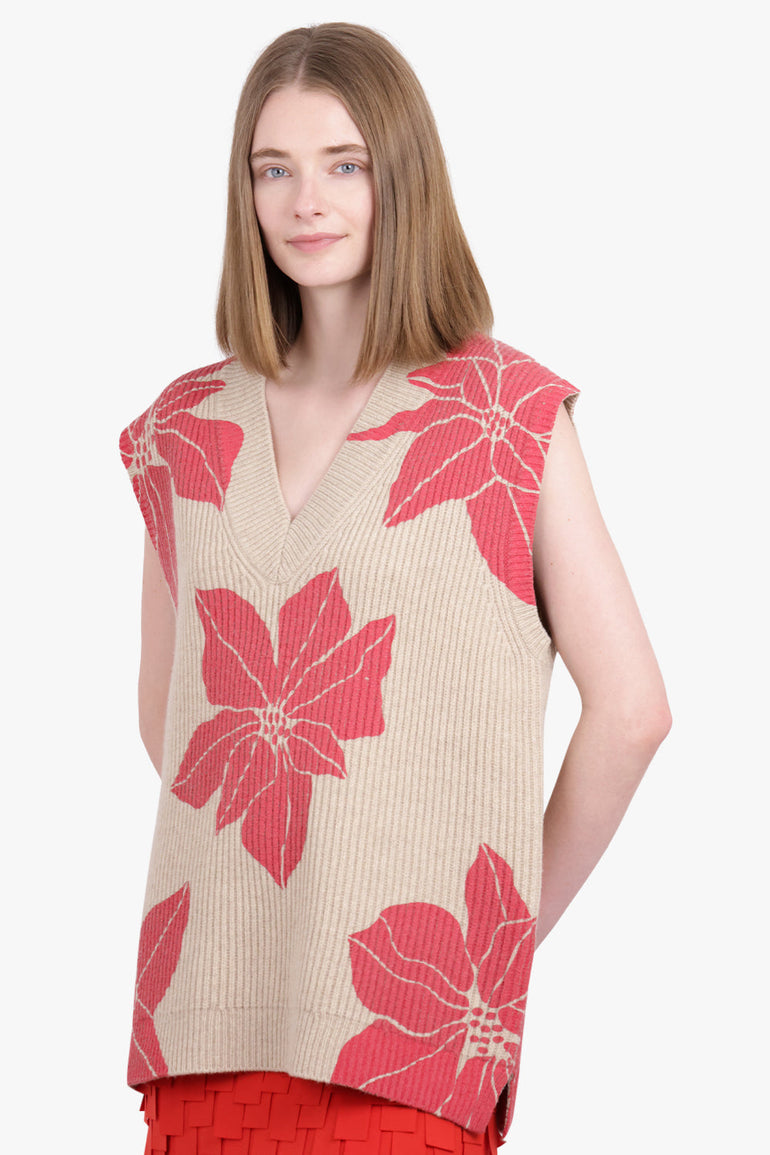 JW ANDERSON RTW Floral Print V-Neck Vest Knit | Oatmeal/Red