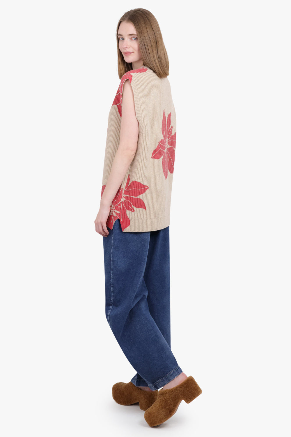 JW ANDERSON RTW Floral Print V-Neck Vest Knit | Oatmeal/Red