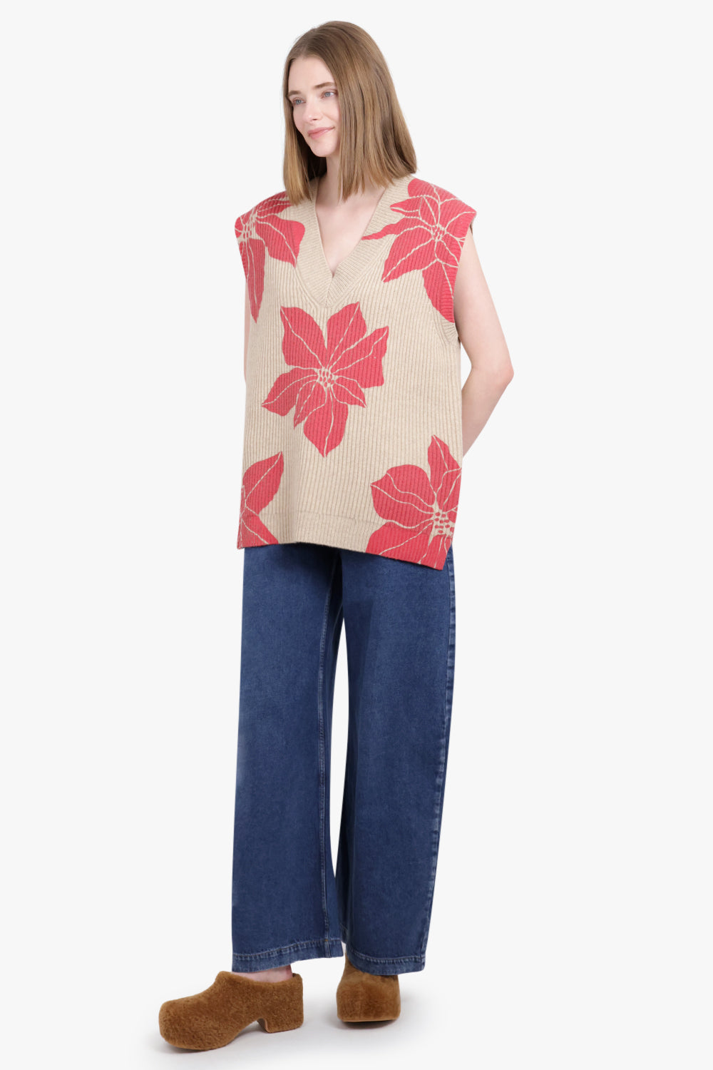 JW ANDERSON RTW Floral Print V-Neck Vest Knit | Oatmeal/Red