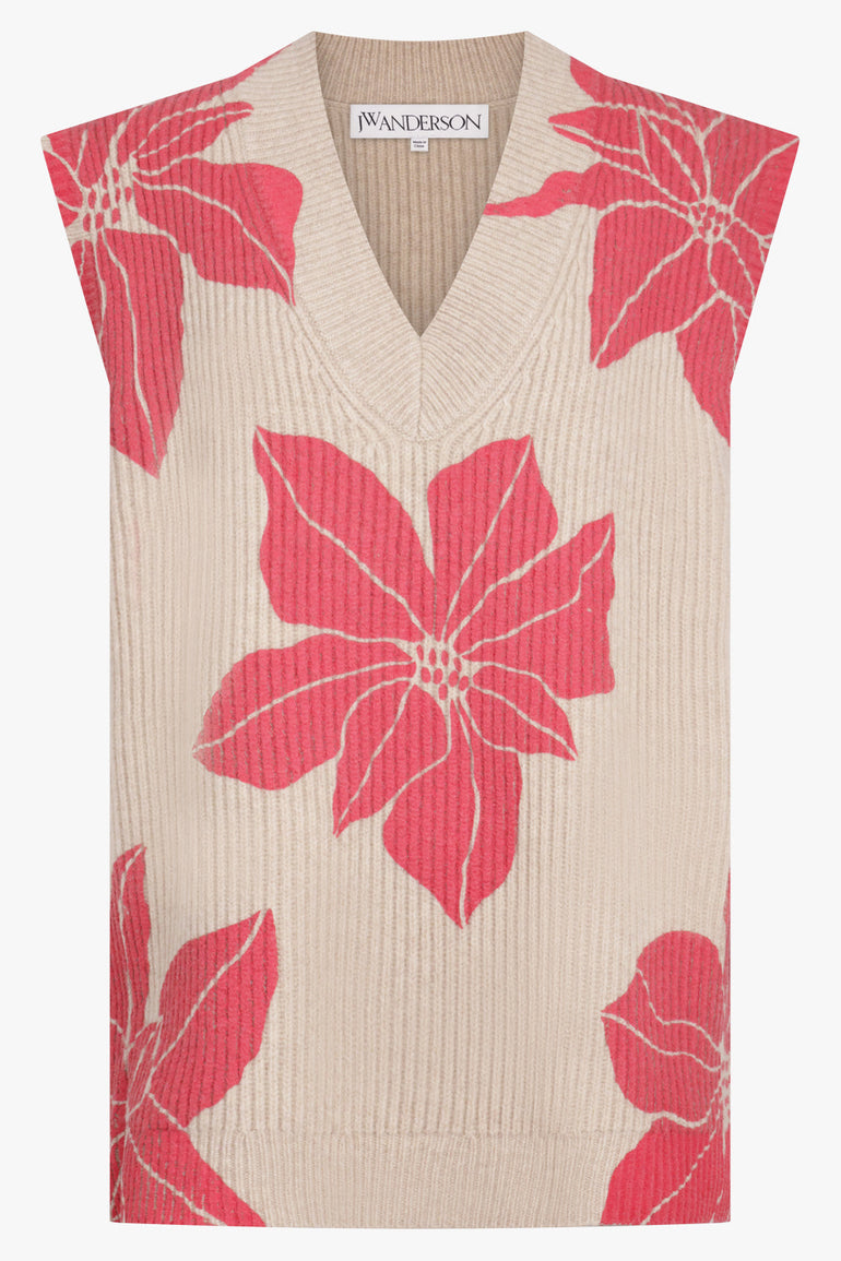 JW ANDERSON RTW Floral Print V-Neck Vest Knit | Oatmeal/Red