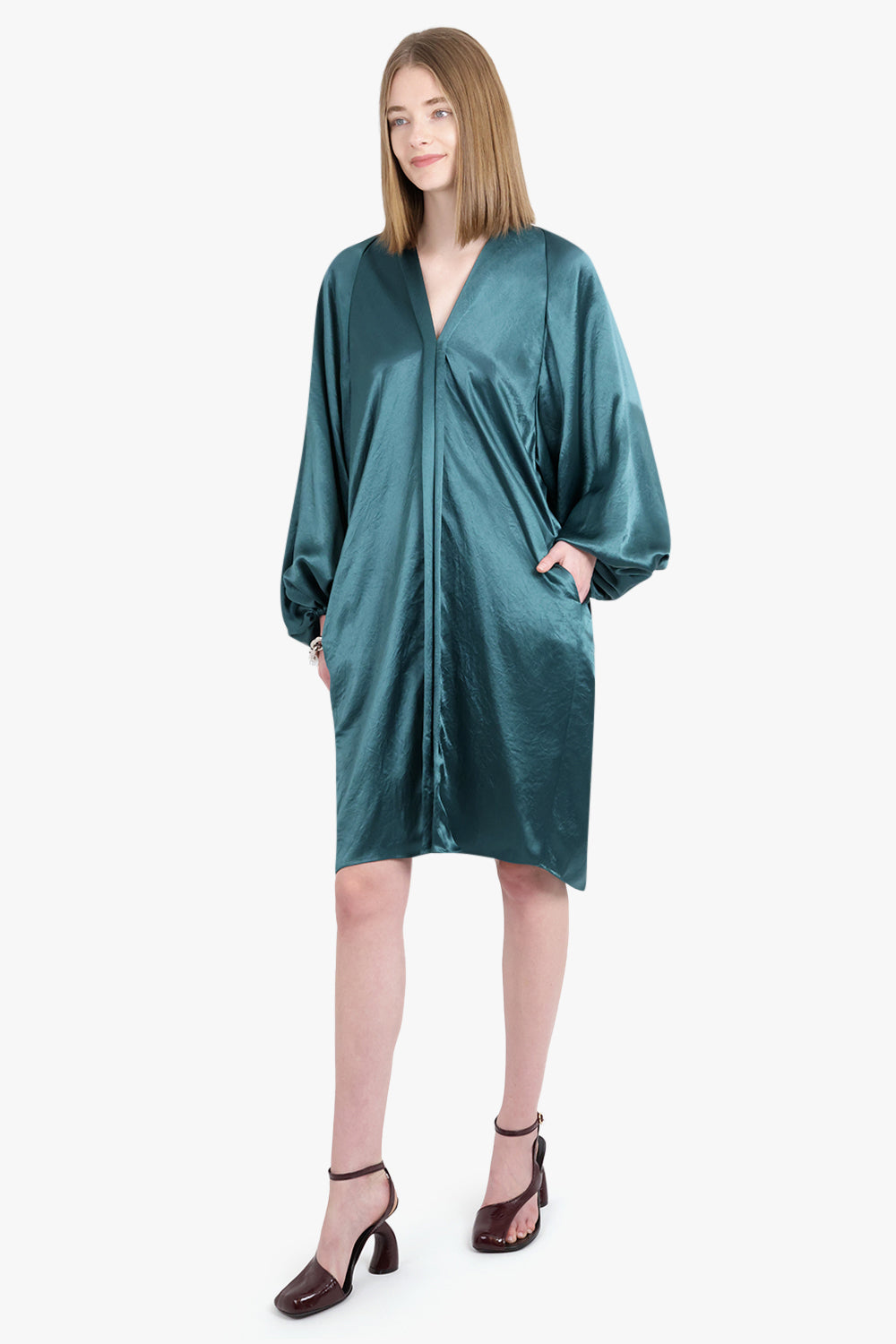 LANVIN RTW Balloon Sleeve V-Neck Midi Dress | Forest Green