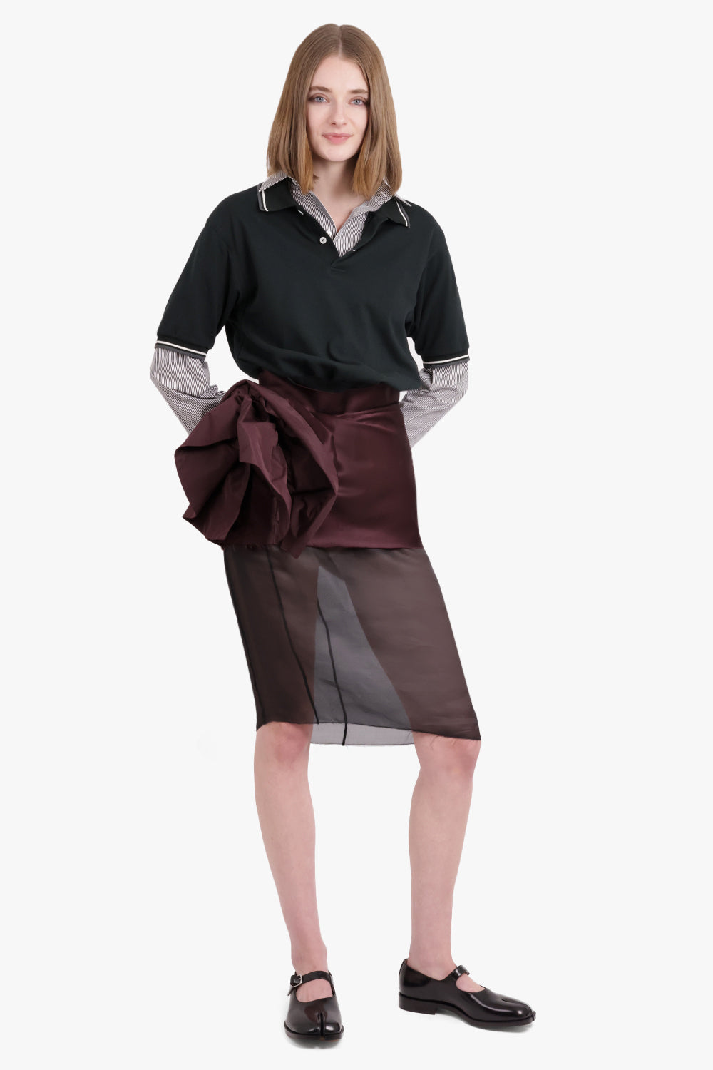 MAISON MARGIELA RTW Polo X Shirt L/S Midi Dress with Ruched Detail Sheer Skirt | Green/Burgundy