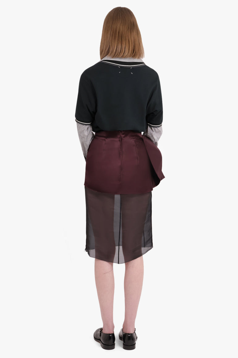 MAISON MARGIELA RTW Polo X Shirt L/S Midi Dress with Ruched Detail Sheer Skirt | Green/Burgundy