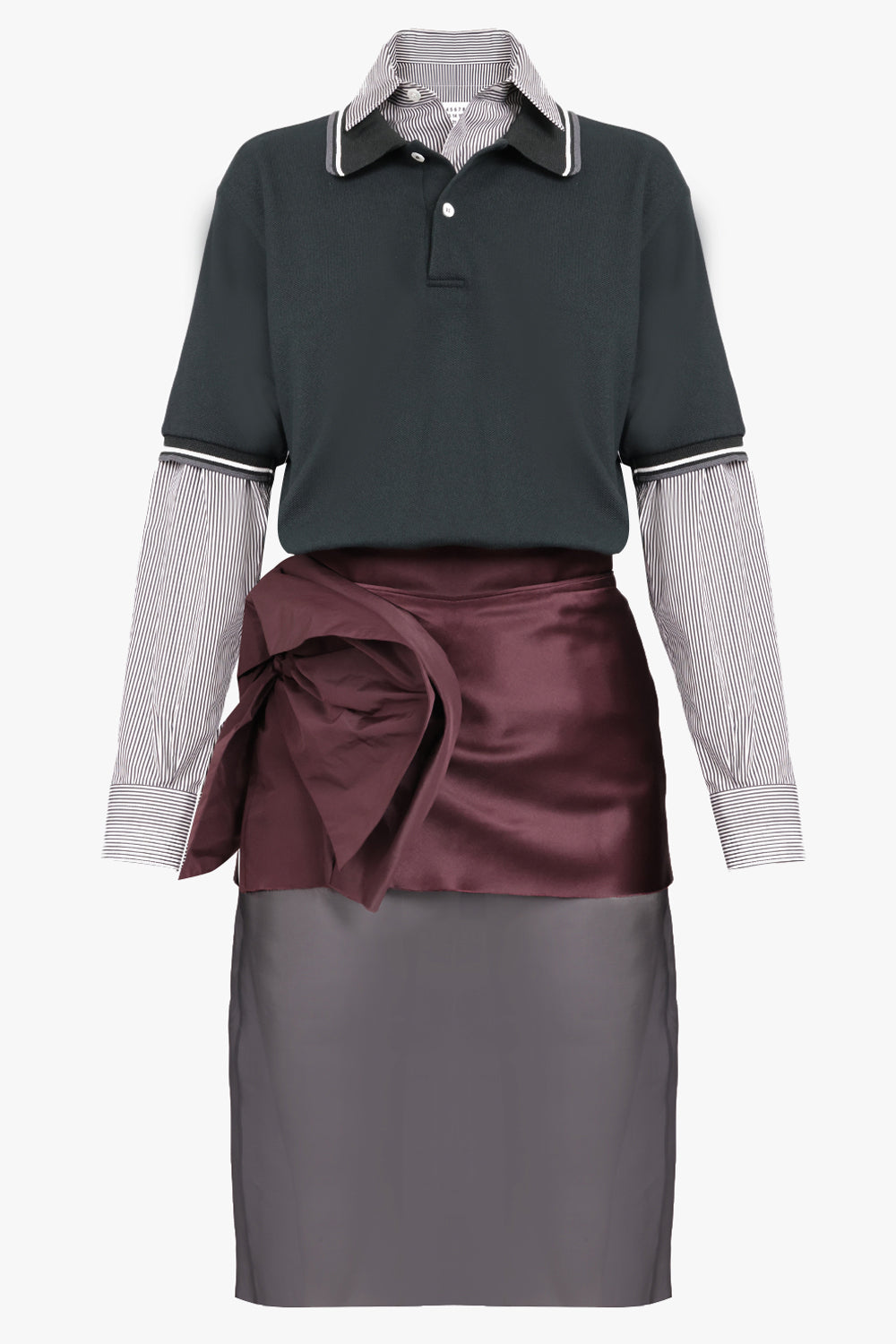 MAISON MARGIELA RTW Polo X Shirt L/S Midi Dress with Ruched Detail Sheer Skirt | Green/Burgundy