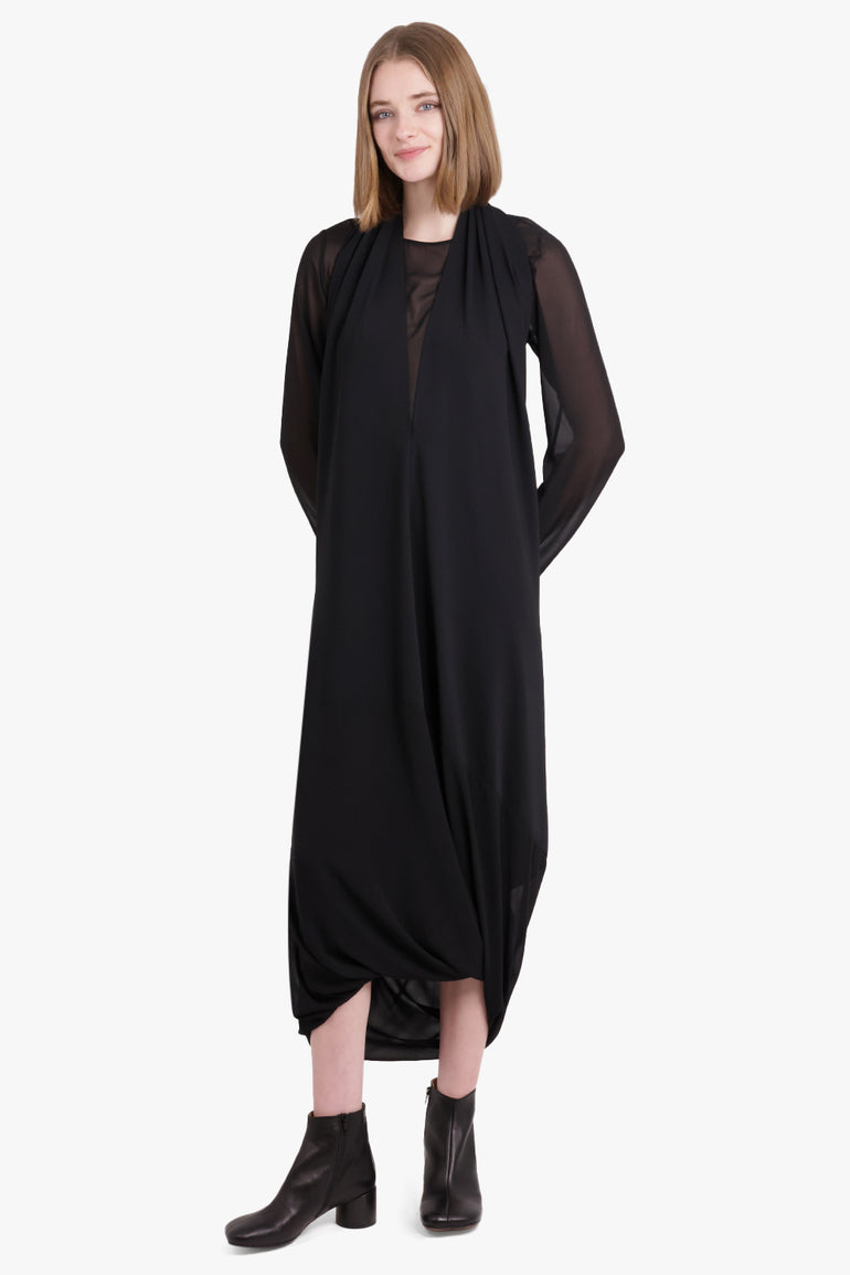 MM6 BY MAISON MARGIELA RTW Fluid Sheer Asymmetric L/S Maxi Dress | Black