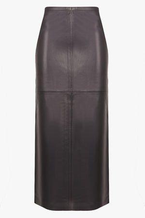 LEATHER FRONT SLIT MIDI SKIRT | BLACK