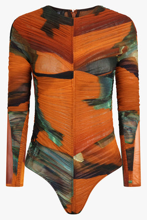 MUGLER BODYSUITS Archive Print Mesh L/S Bodysuit | Orange/Green