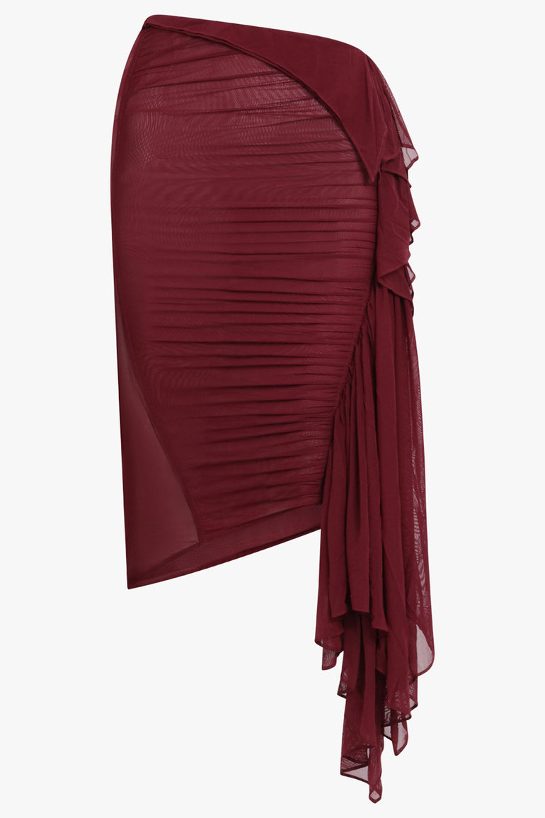 MUGLER SKIRTS Mesh Asymmetric Midi Skirt | Vampire Red