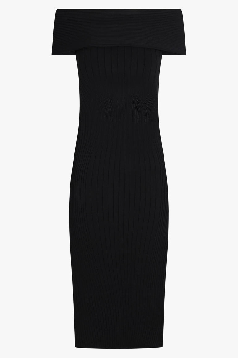 MUGLER DRESSES Off Shoulder Sculpting Knit Midi Dress | Black