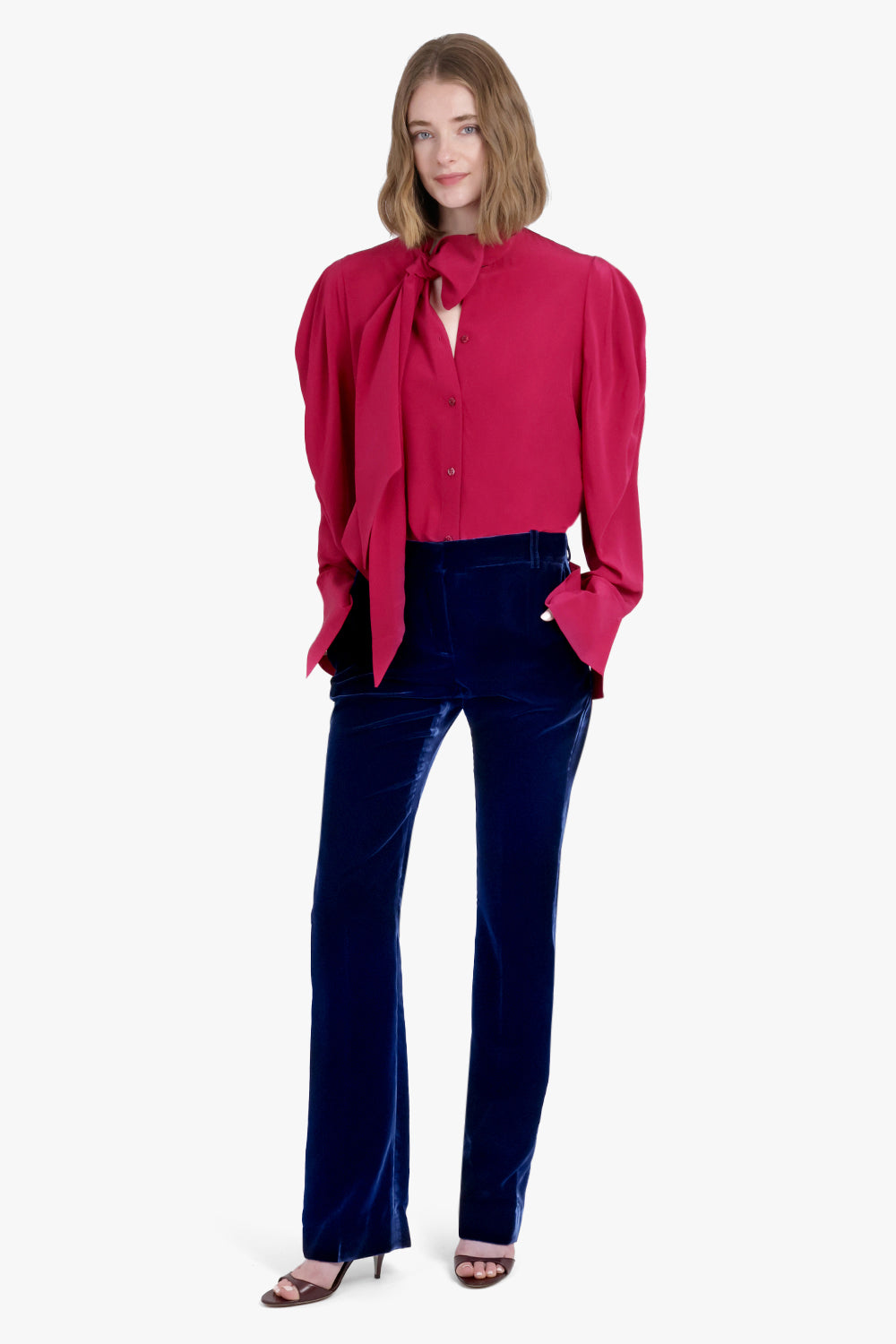 NINA RICCI RTW Gathered L/S Sleeve Tie Neck Blouse | Burnt Fuchsia