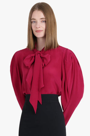 NINA RICCI RTW Gathered L/S Sleeve Tie Neck Blouse | Burnt Fuchsia