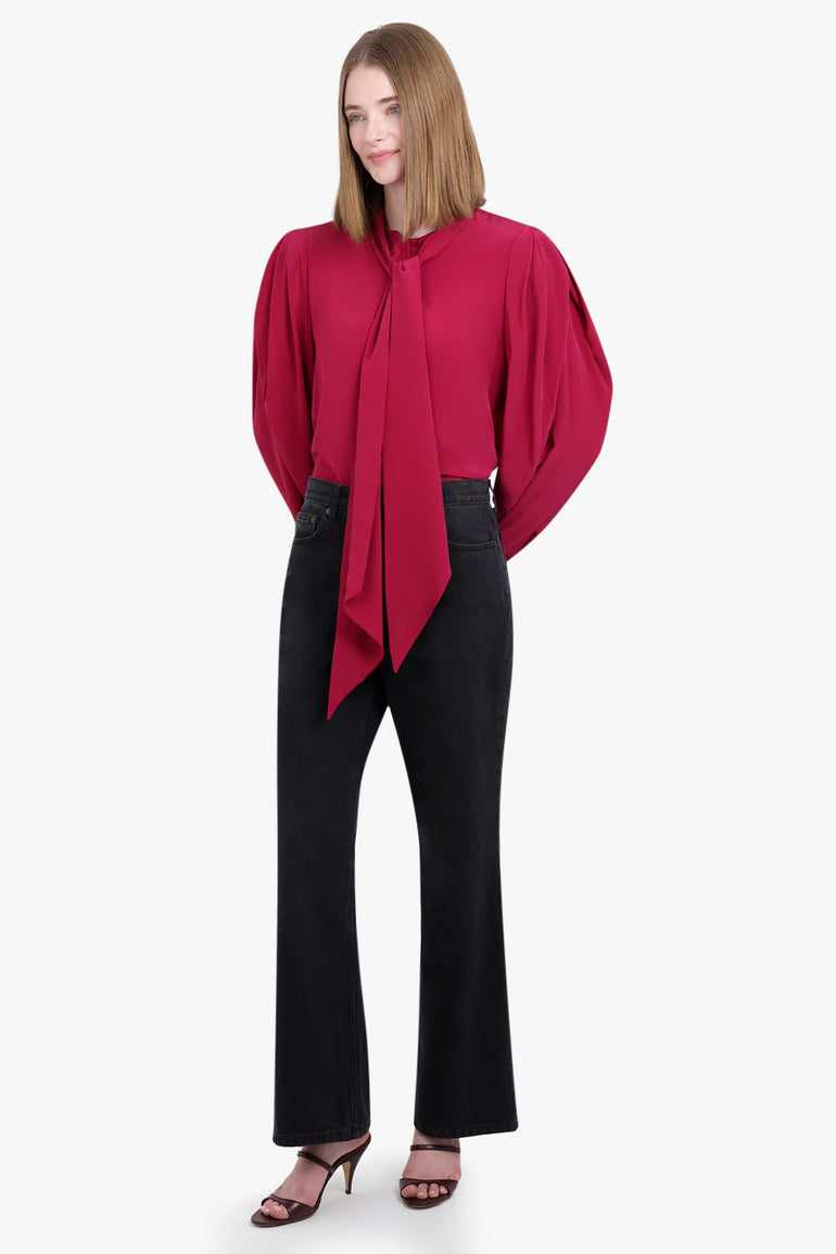 NINA RICCI RTW Gathered L/S Sleeve Tie Neck Blouse | Burnt Fuchsia