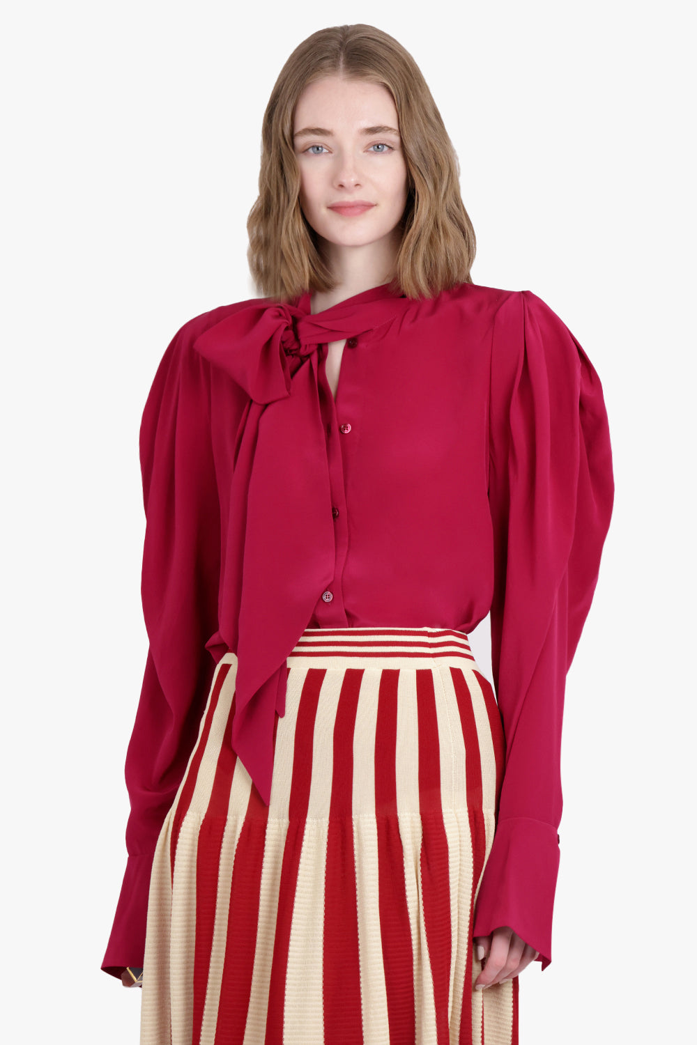 NINA RICCI RTW Gathered L/S Sleeve Tie Neck Blouse | Burnt Fuchsia