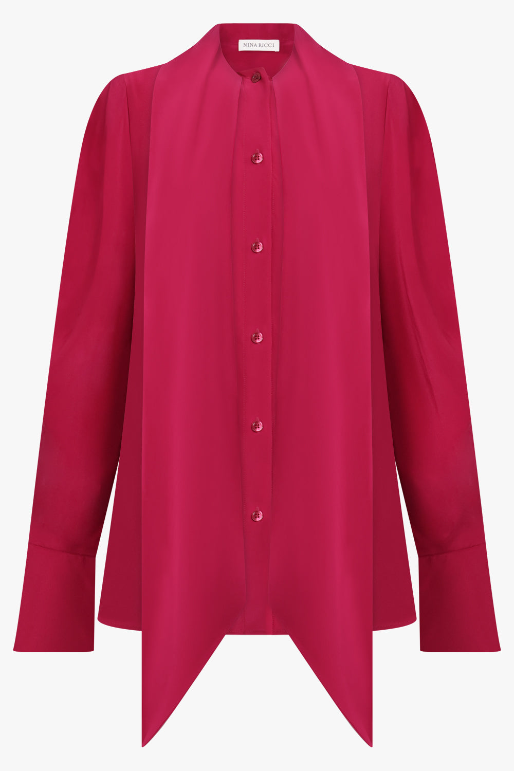 NINA RICCI RTW Gathered L/S Sleeve Tie Neck Blouse | Burnt Fuchsia