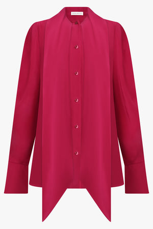 NINA RICCI RTW Gathered L/S Sleeve Tie Neck Blouse | Burnt Fuchsia