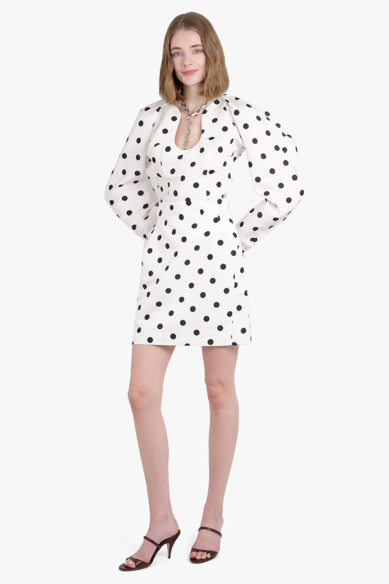 NINA RICCI RTW Polka Dot Print L/S Sweetheart Neckline Top | White/Black