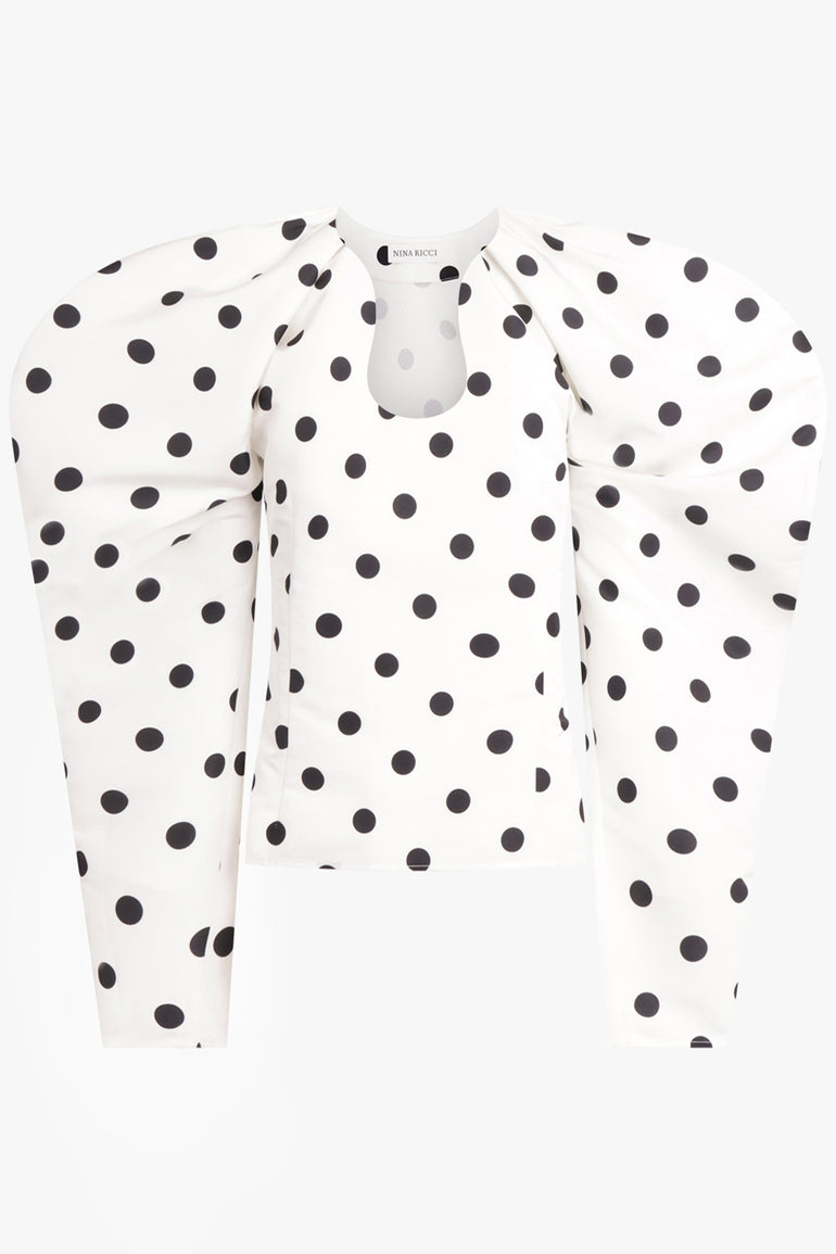 NINA RICCI RTW Polka Dot Print L/S Sweetheart Neckline Top | White/Black