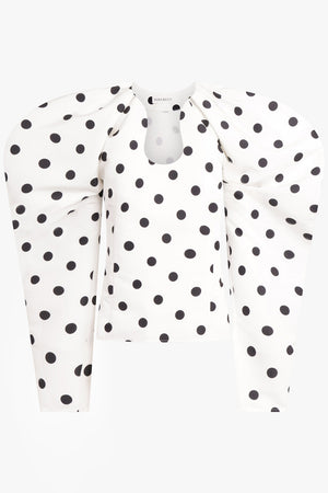 NINA RICCI RTW Polka Dot Print L/S Sweetheart Neckline Top | White/Black