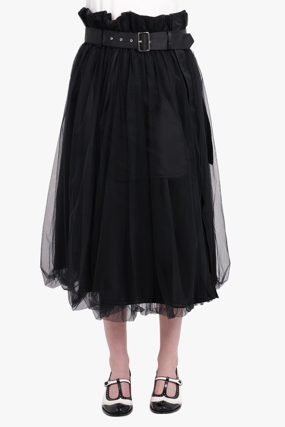 NOIR KEI NINOMIYA RTW Tulle Overlay Belted Midi Skirt | Black