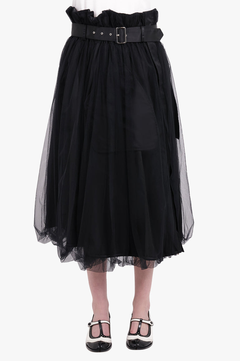 NOIR KEI NINOMIYA RTW Tulle Overlay Belted Midi Skirt | Black