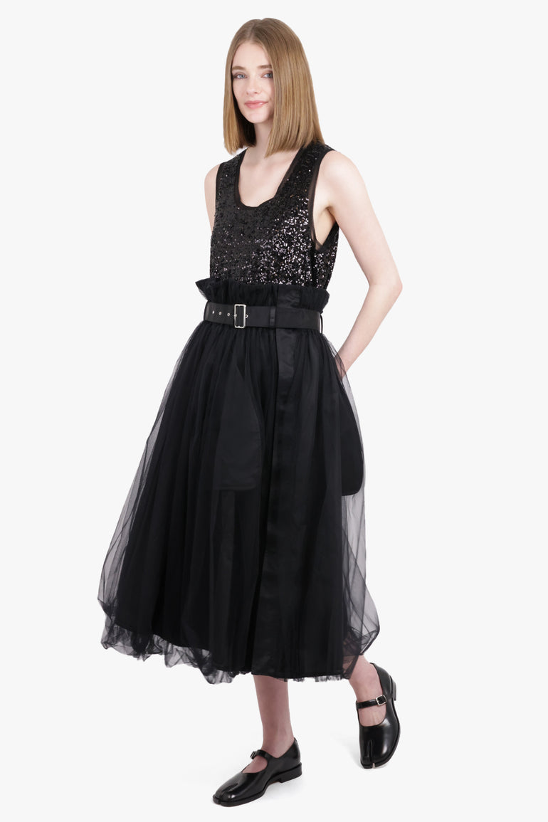 NOIR KEI NINOMIYA RTW Tulle Overlay Belted Midi Skirt | Black