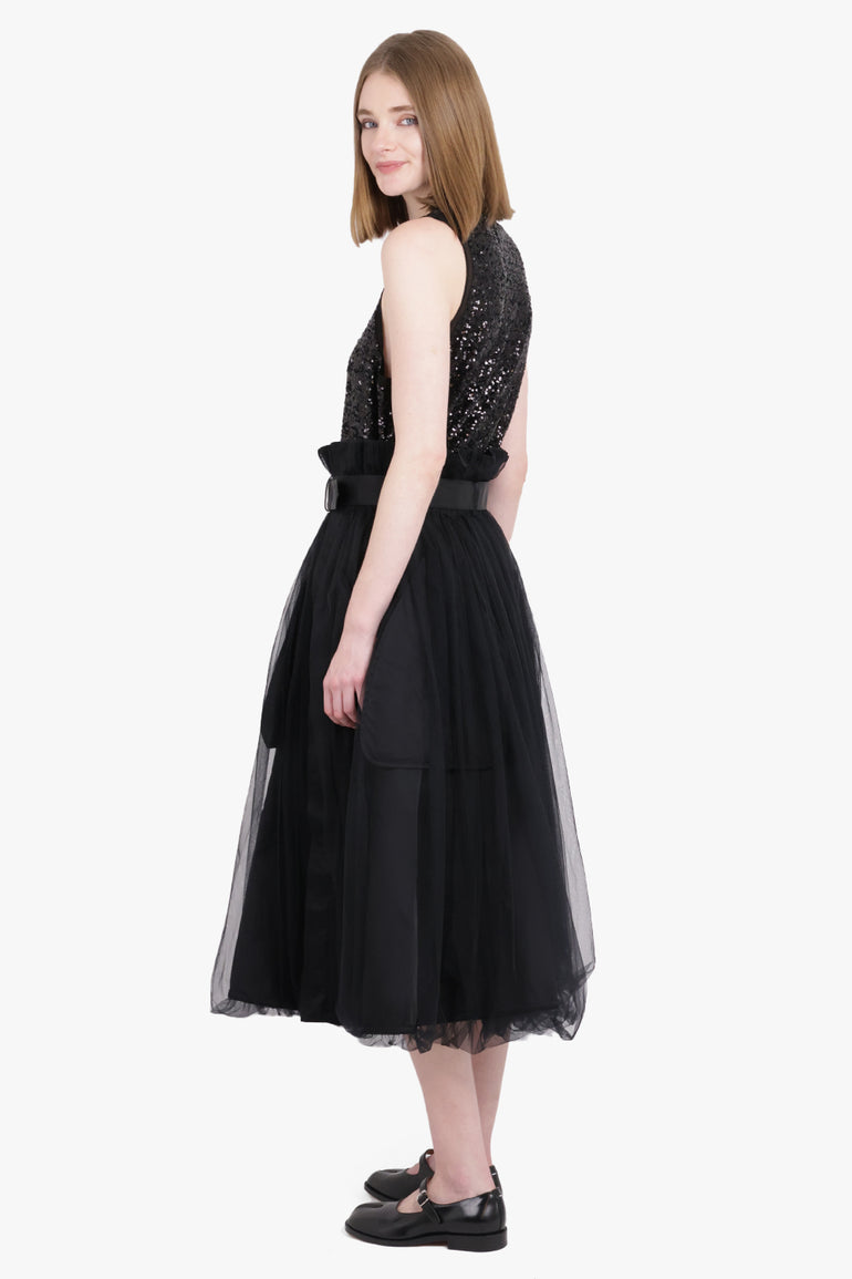 NOIR KEI NINOMIYA RTW Tulle Overlay Belted Midi Skirt | Black