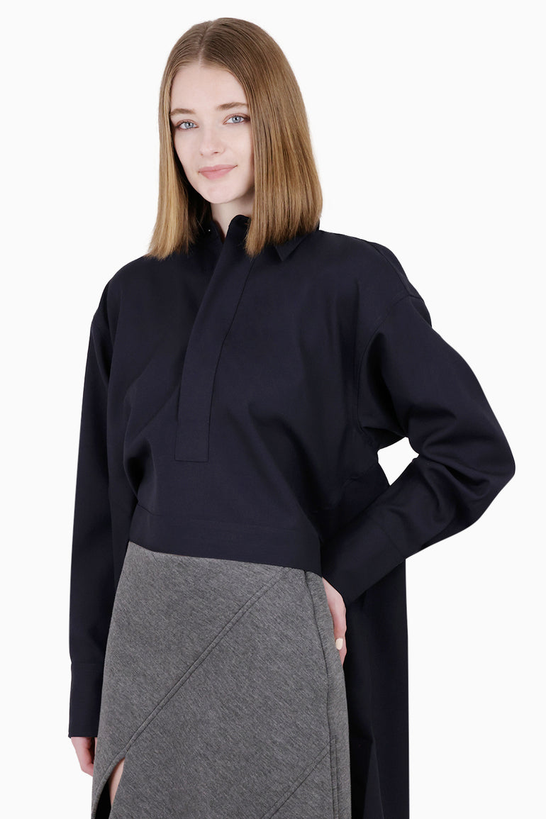 PLAN C RTW Crop Front Hi-Lo L/S Shirt | Blue Black