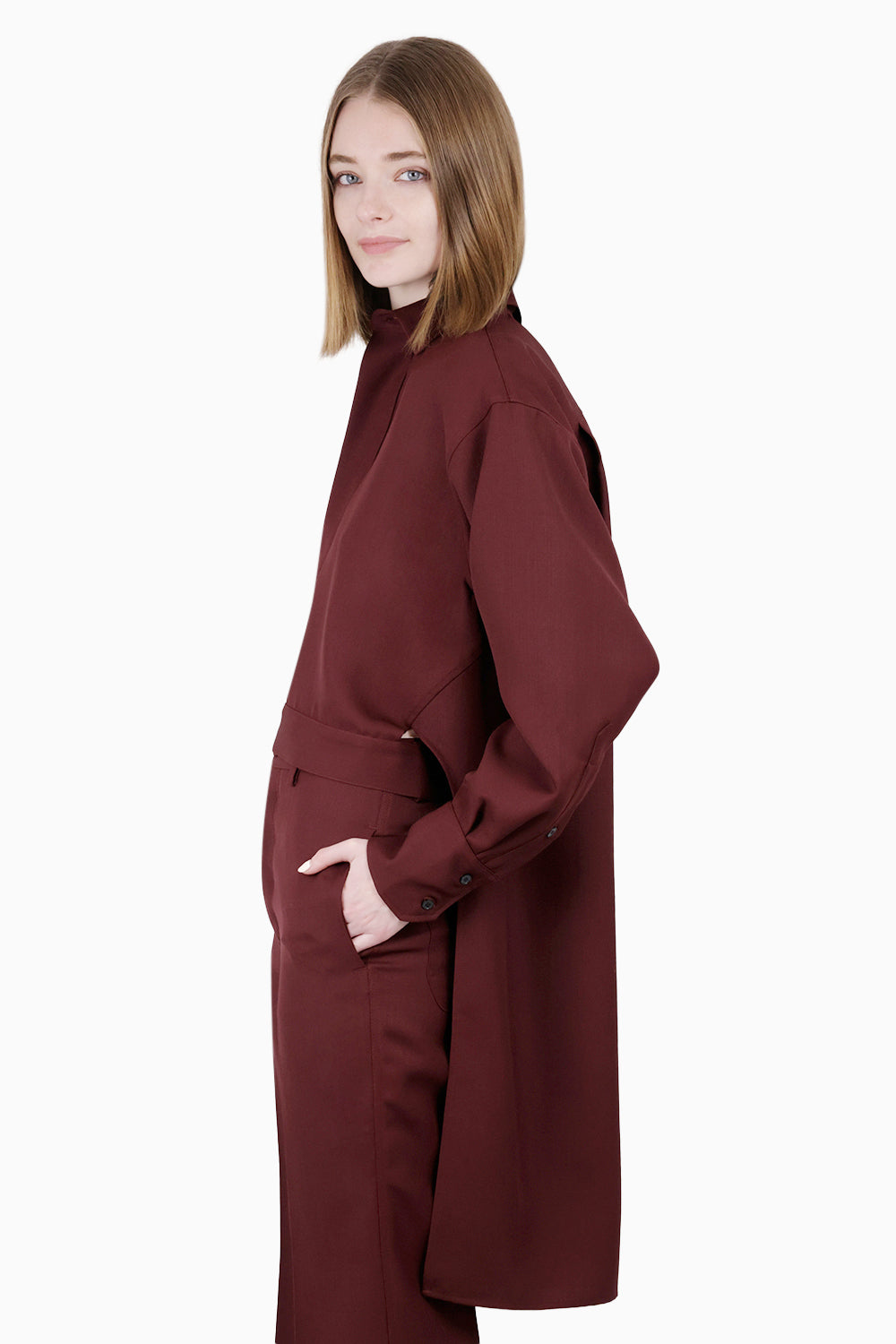 PLAN C RTW Crop Front Hi-Lo L/S Shirt | Burgundy