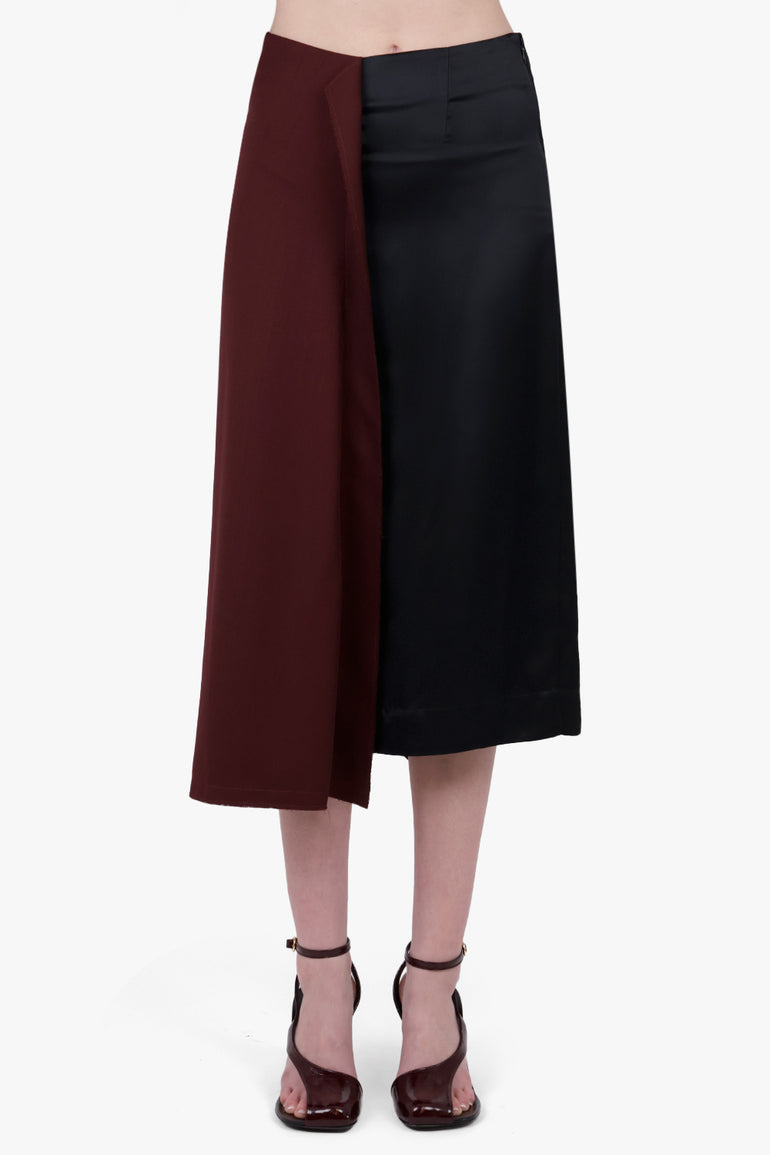 PLAN C RTW Layered Contrast Midi Skirt | Burgundy/Black