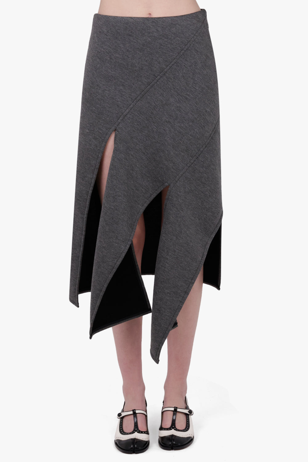 PLAN C RTW Split Detail Asymmetric Hem Midi Skirt | Grey/Black