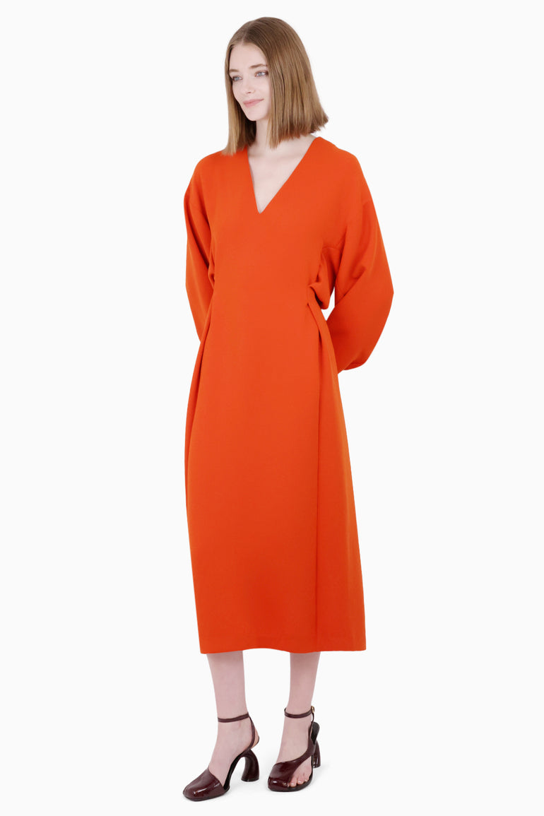 PLAN C RTW V Neck L/S Midi Dress | Lobster Orange