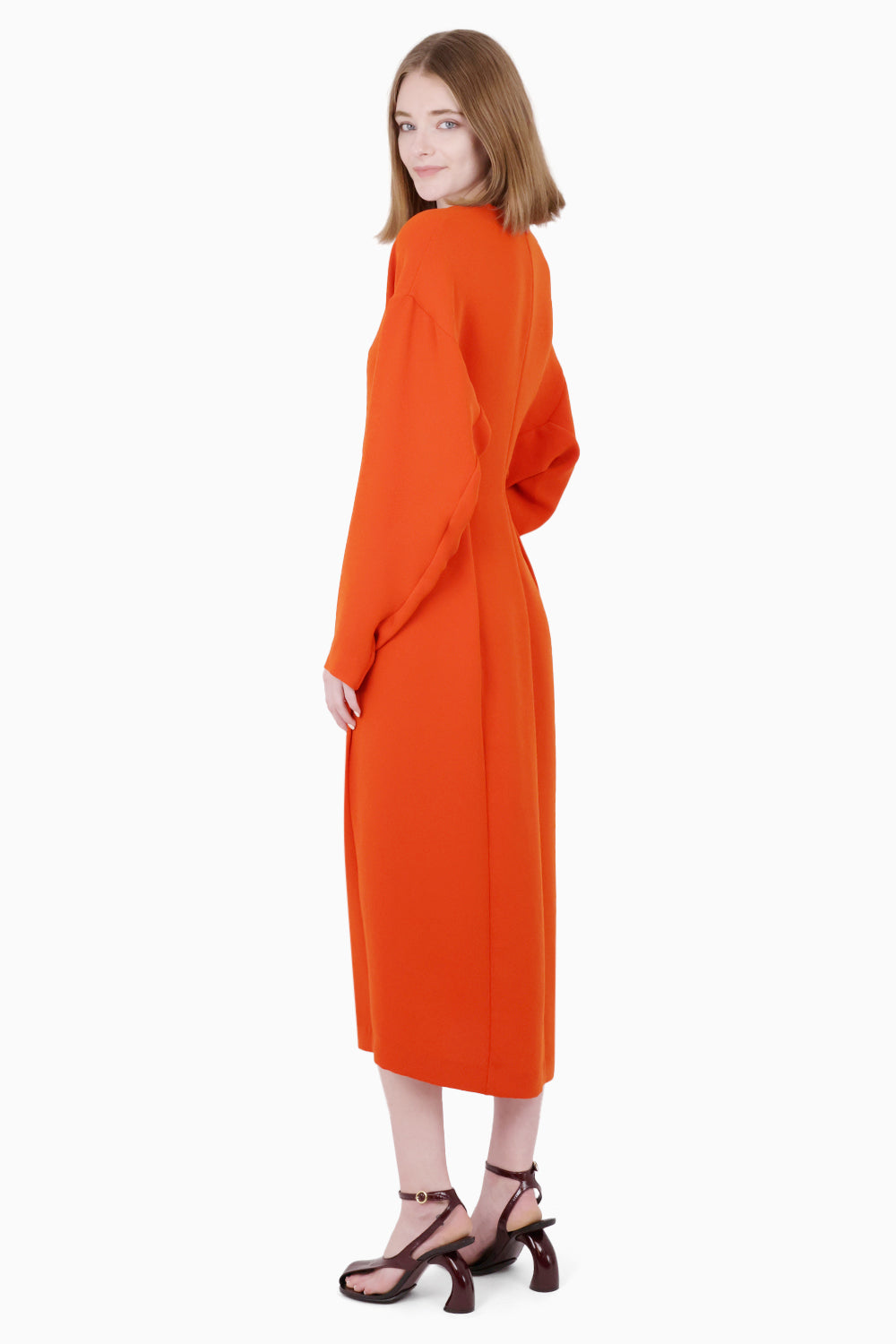 PLAN C RTW V Neck L/S Midi Dress | Lobster Orange