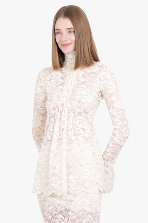 RABANNE RTW High Neck L/S Pleat Detail Lace Top | Ivory