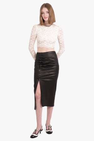 RABANNE RTW Leather Asymmetric Ruched Midi Skirt | Black