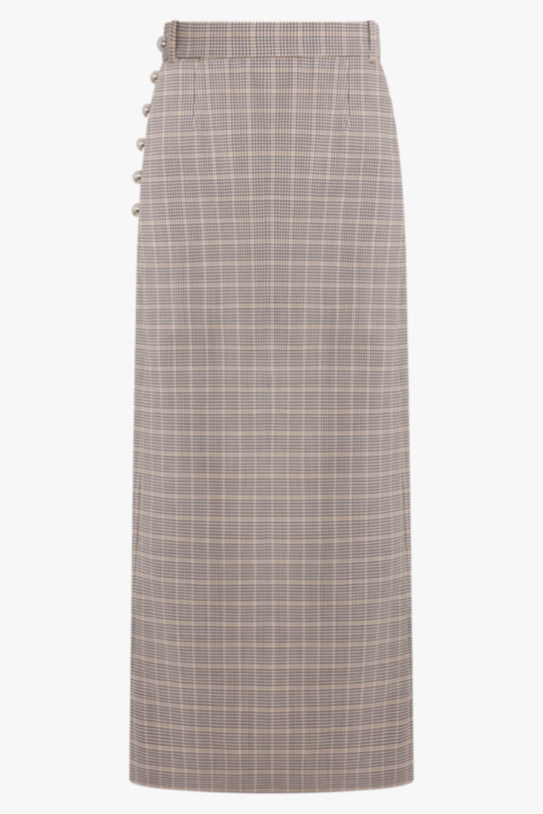 RABANNE RTW Check Print Straight Maxi Skirt | Beige