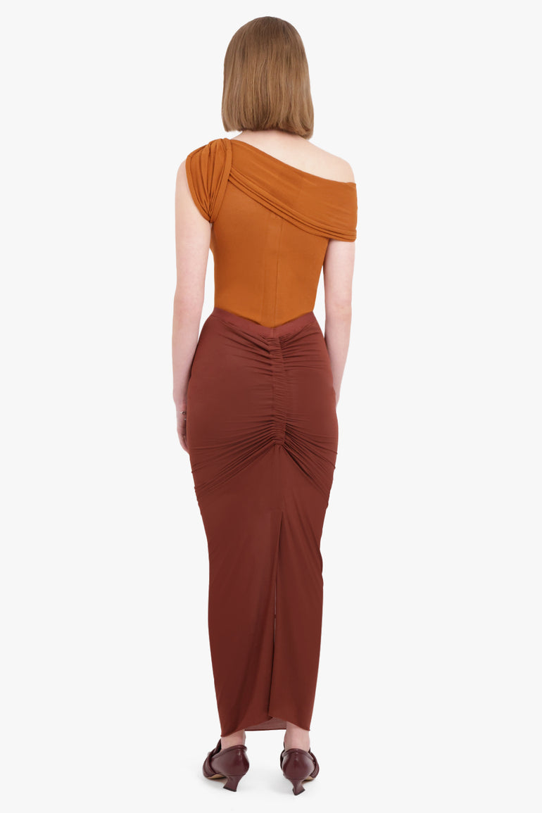 RICK OWENS RTW Shrimp Ruched Maxi Skirt | Henna