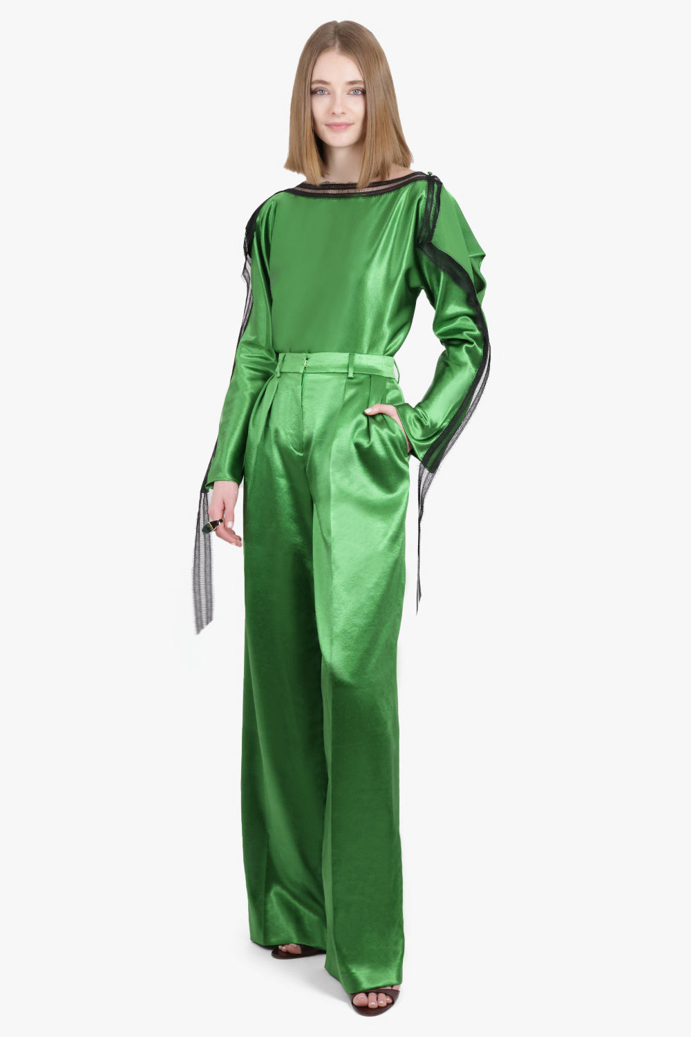 ROCHAS RTW High Waisted Pleat Wide Leg Pant | Golf Green