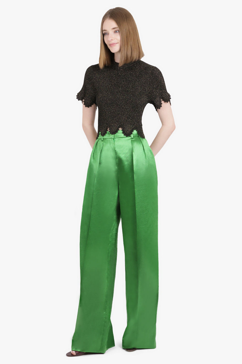 ROCHAS RTW High Waisted Pleat Wide Leg Pant | Golf Green