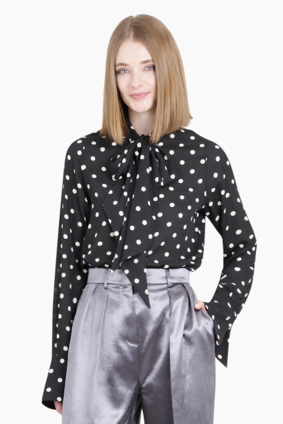 NINA RICCI RTW Polka Dot Print L/S Tie Neck Blouse | Black/White