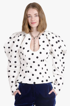 NINA RICCI RTW Polka Dot Print L/S Sweetheart Neckline Top | White/Black