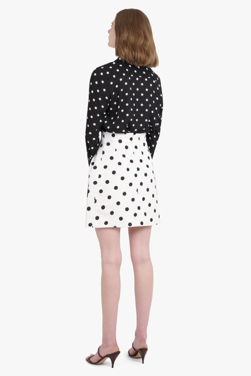 NINA RICCI RTW Polka Dot Print L/S Tie Neck Blouse | Black/White