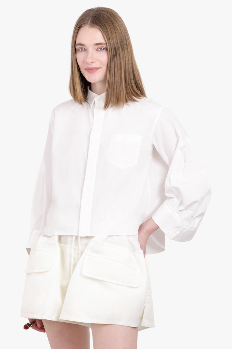 SACAI RTW Crop Shirt with Balloon Sleeve Detail | Off White