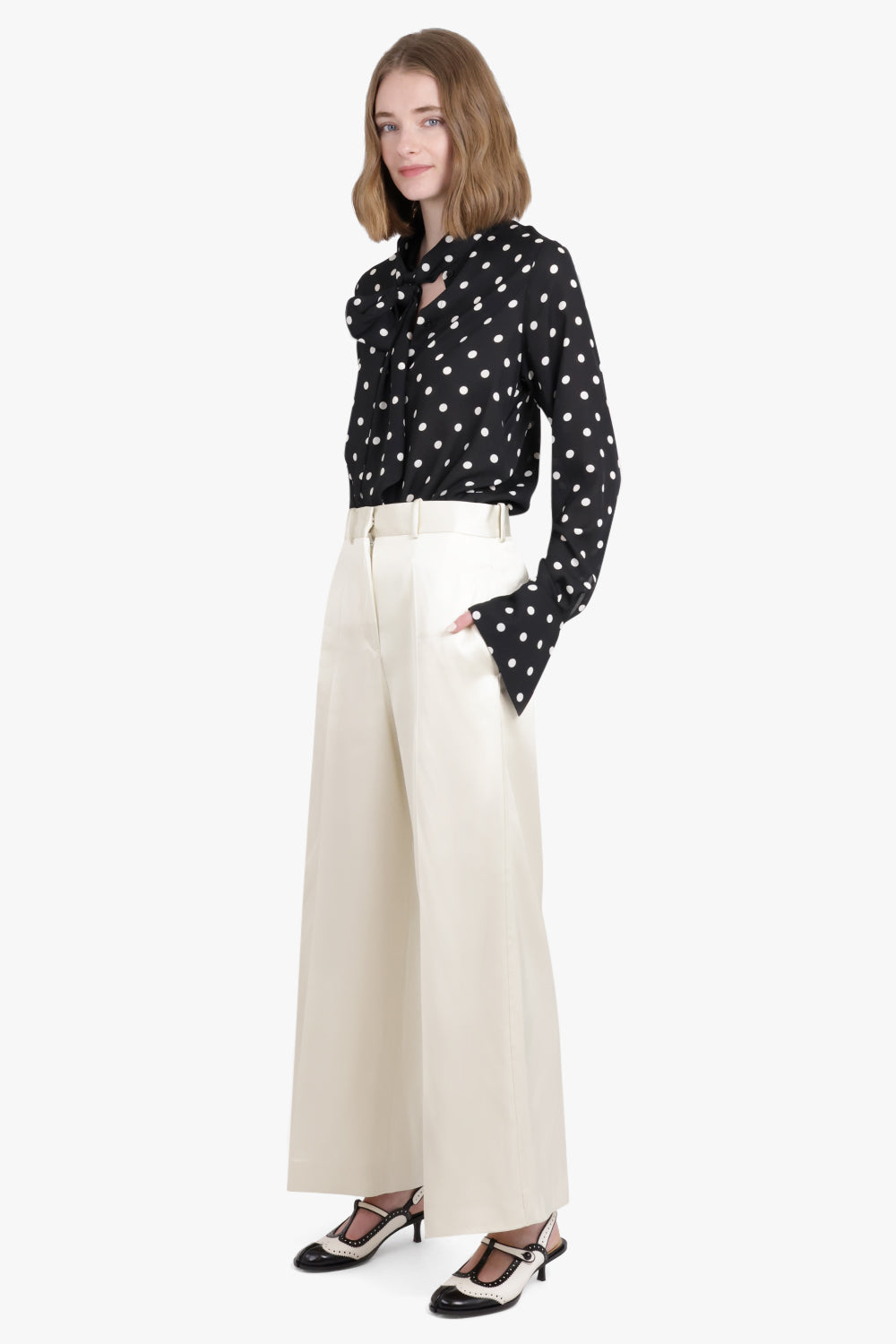 NINA RICCI RTW Polka Dot Print L/S Tie Neck Blouse | Black/White