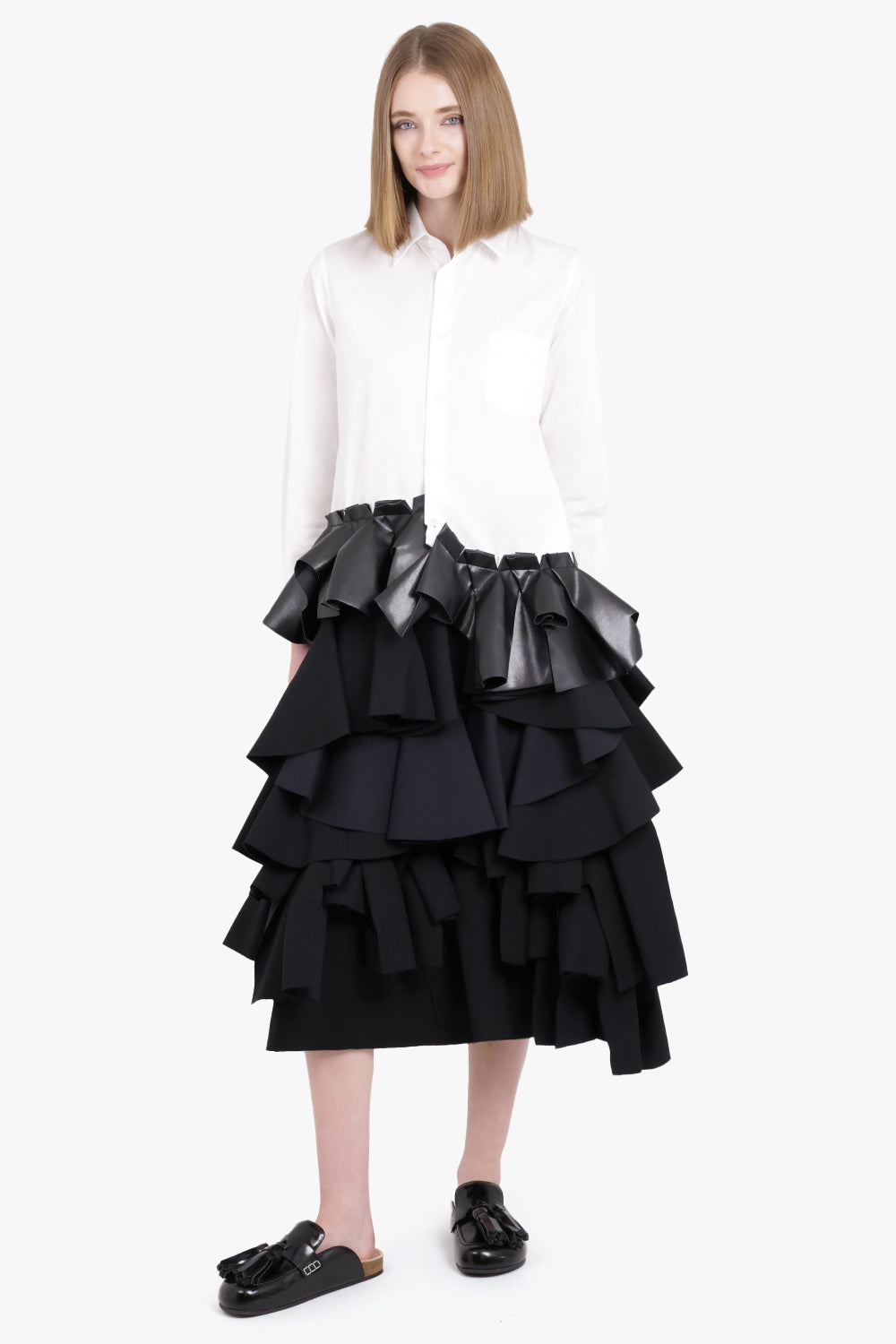 COMME DES GARCONS RTW Asymmetric L/S Shirt with Contrast Ruffle Detail | White/Black