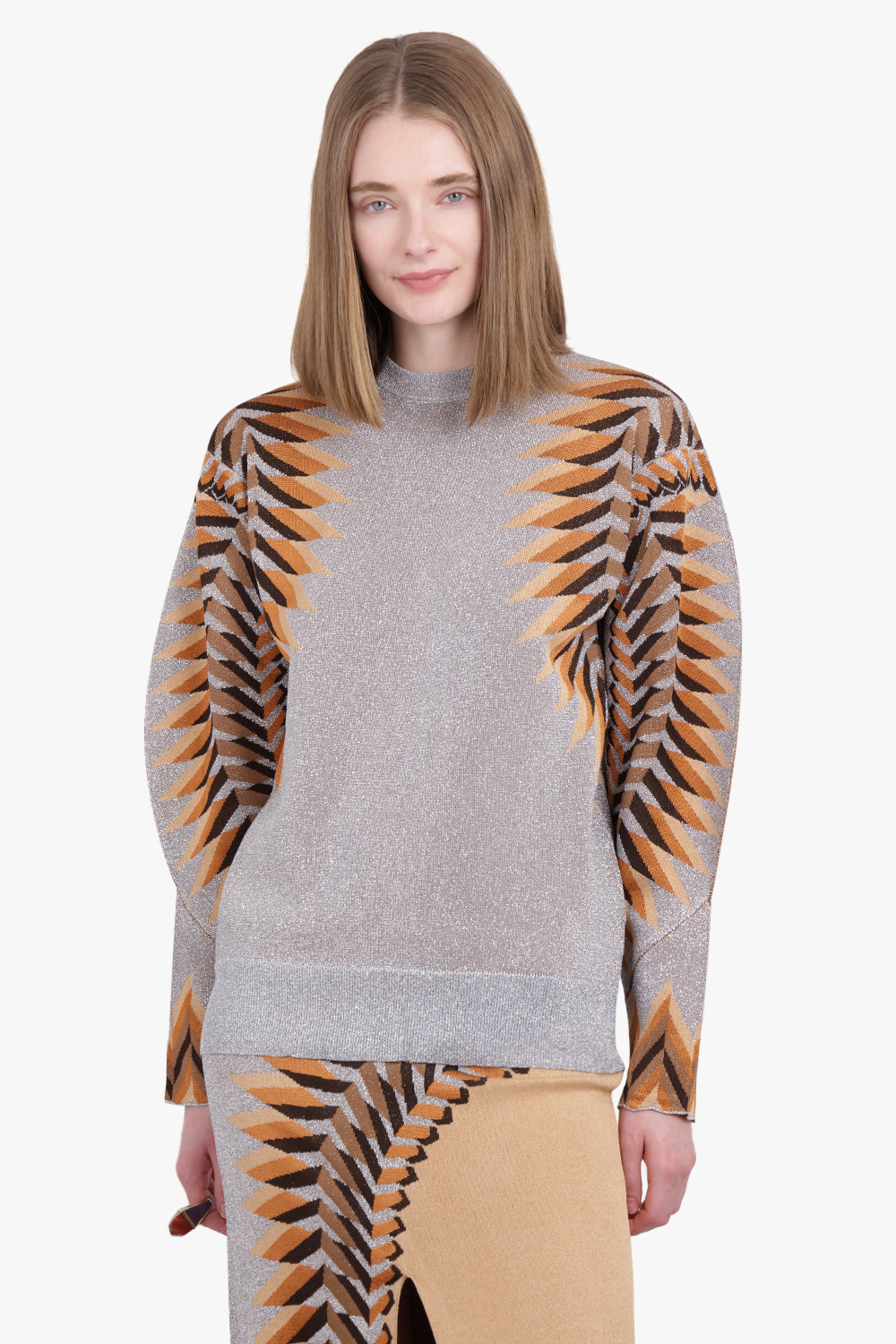 RABANNE RTW Graphic Print Balloon Sleeve Knit Jumper | Grey/Multi