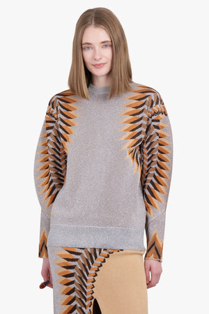 RABANNE RTW Graphic Print Balloon Sleeve Knit Jumper | Grey/Multi