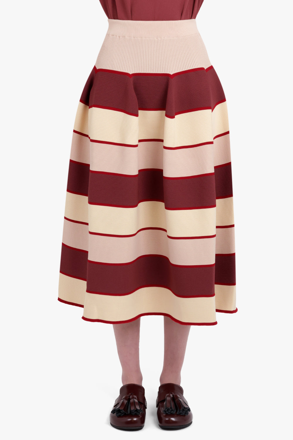 CFCL RTW Flared Stripe Midi Skirt | Red/Beige/Pink